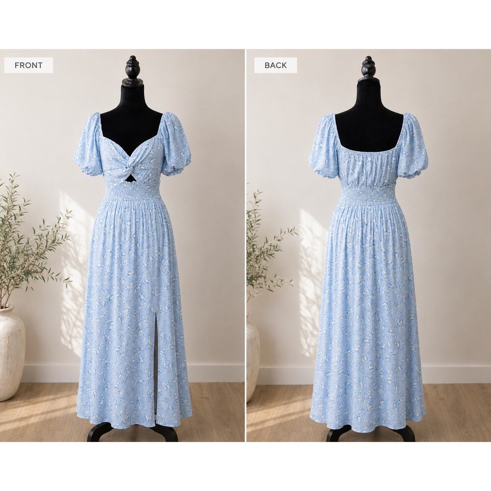 Altar'd State Blue Floral Maxi Dress Peekaboo Cutout Smocked Medium NWOT - Picture 8 of 8